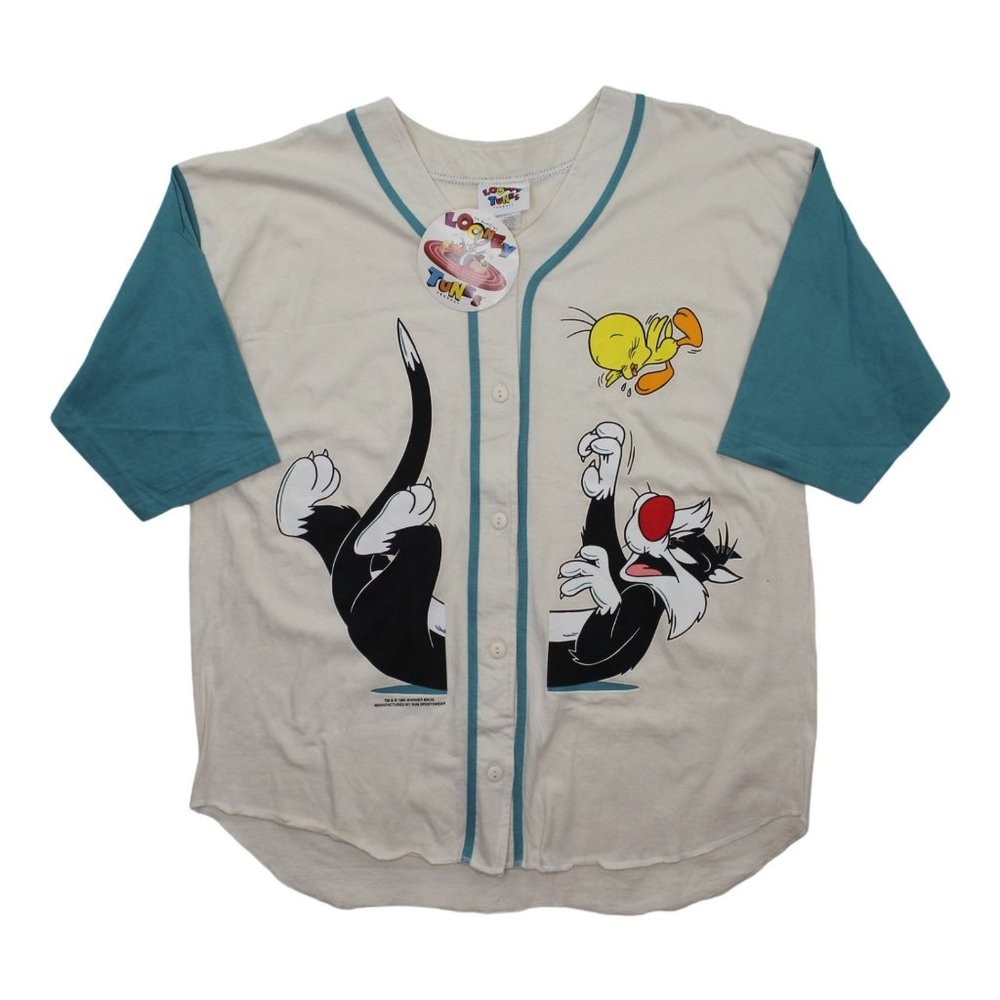 Vintage 1993 Warner Bros Looney Tunes Jersey Button Front Short Sleeve Shirt L